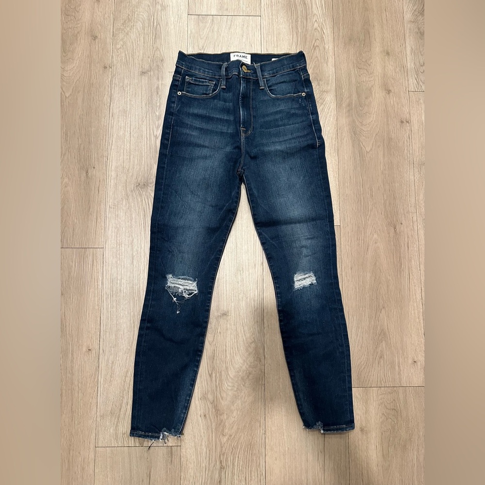 Frame Denim Dark Blue Distressed Crop Skinny Jeans